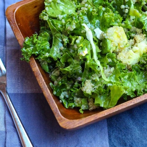 This kale salad with avocado has a great southwestern twist and is full of flavor and bright green hues. Salads don't have to be boring! Get the kale salad recipe on RachelCooks.com!