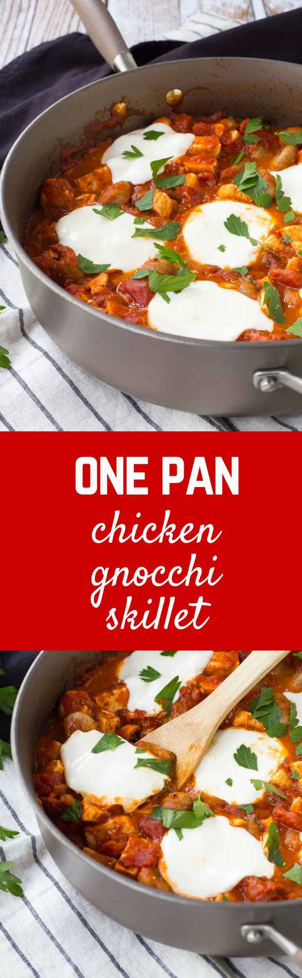 Cozy and comforting, this skillet gnocchi with chicken and tomato sauce is on your table in under 30 minutes -- perfect for busy nights! Get the easy one-pan meal on RachelCooks.com!