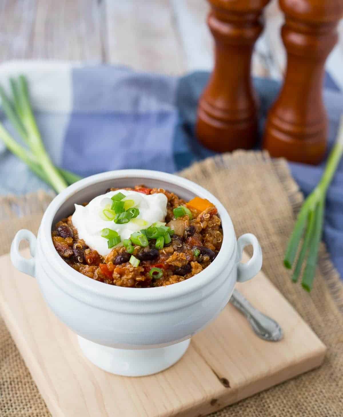 Quinoa chili in white bowl.