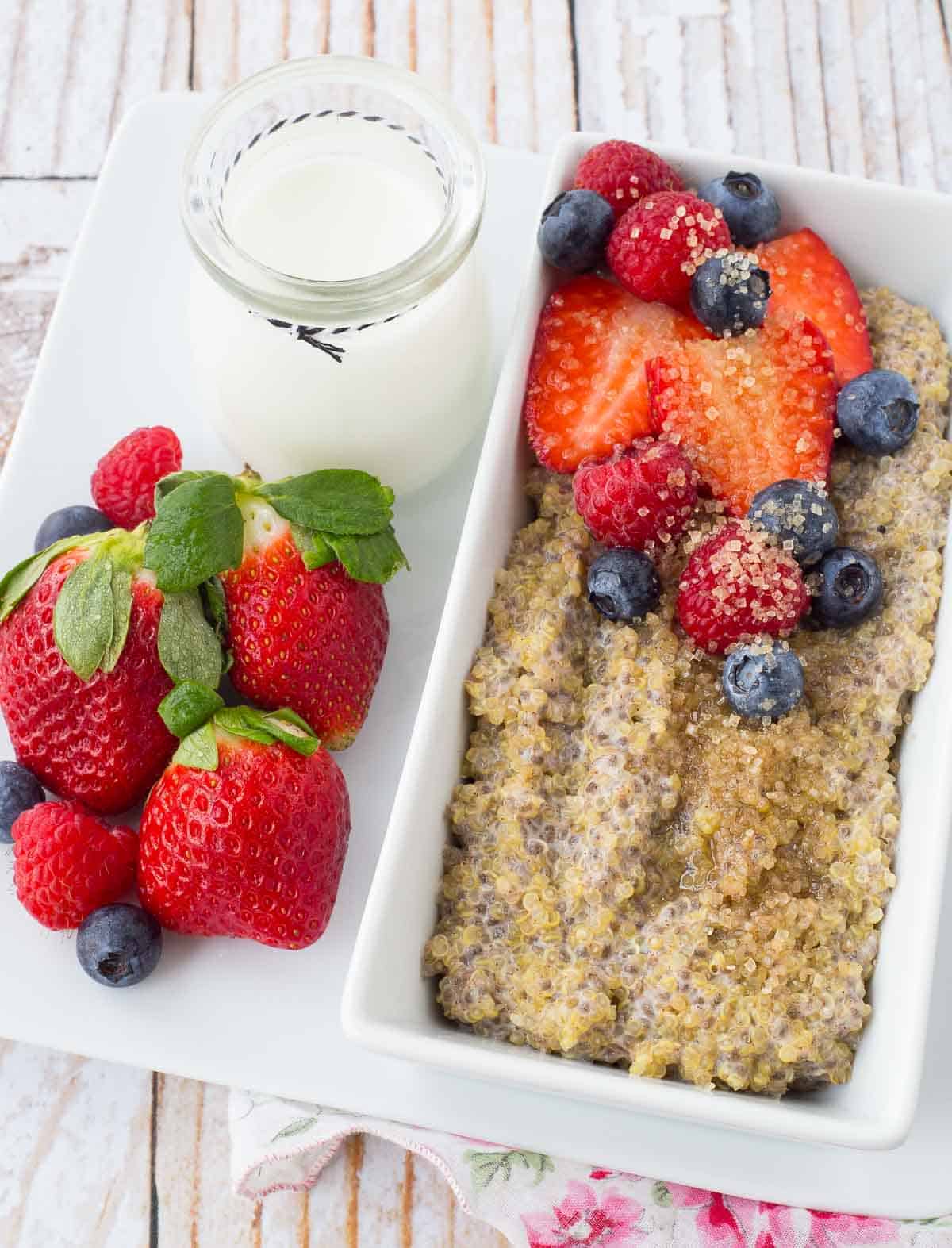 Looking for a filling and nutritious breakfast but slightly bored with oatmeal? You'll love this protein-packed breakfast quinoa! Have fun with toppings! Get the healthy breakfast recipe on RachelCooks.com!