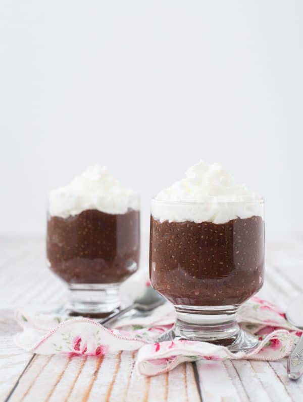 Pudding with protein and fiber and only 100 calories? It's true! This chocolate chia pudding is the perfect afternoon chocolate fix! Get the healthy recipe on RachelCooks.com!