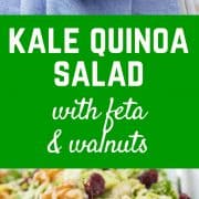 This kale quinoa salad is a healthy and hearty salad that stores well in the fridge, making it perfect for meal prep days. You'll love the crunchy walnuts and sweet, chewy cranberries! Get the salad recipe on RachelCooks.com!