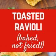 Baked not fried, these toasted cheese ravioli are the perfect game day snack or appetizer. You won't be able to stop snacking on them! Get the recipe on RachelCooks.com!