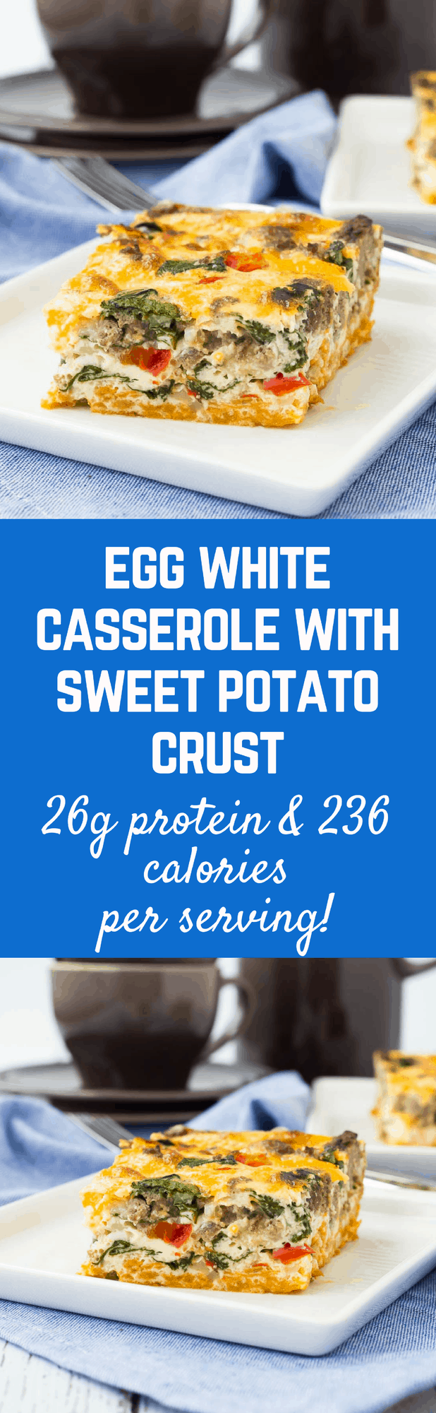This egg white casserole with sweet potato crust is the perfect make-ahead breakfast! Packed with protein and vegetables, it will keep you full all morning long! Get the recipe on RachelCooks.com!