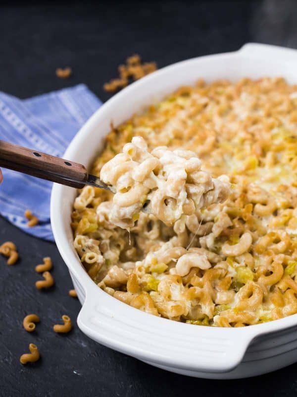 Creamy and flavorful, this green chile macaroni and cheese will change the way you think about macaroni and cheese! There's no need to make a roux, so it's one of the easiest things you can make, too! Get the easy vegetarian recipe on RachelCooks.com!