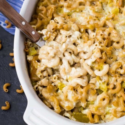 Creamy and flavorful, this green chile macaroni and cheese will change the way you think about macaroni and cheese! There's no need to make a roux, so it's one of the easiest things you can make, too! Get the easy vegetarian recipe on RachelCooks.com!