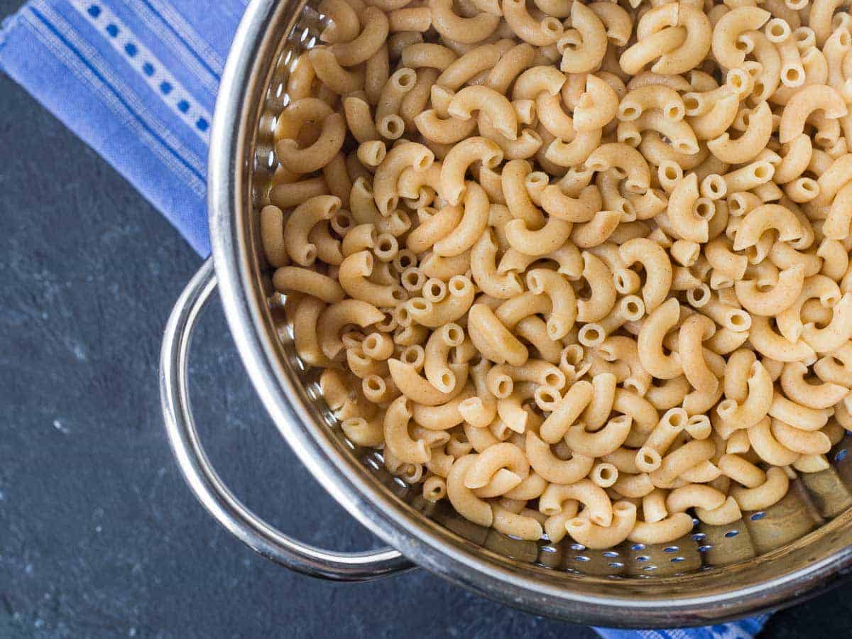 Cooked Pasta in a colander.