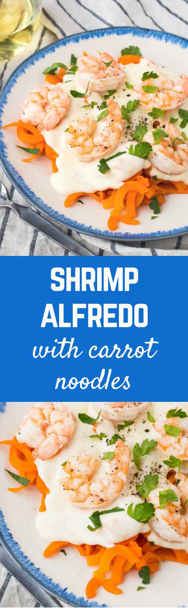 An alfredo you can feel better about! This healthy shrimp alfredo offers lots of lean protein, and is low carb and flavorful thanks to carrot noodles! Get the skinny alfredo recipe on RachelCooks.com!