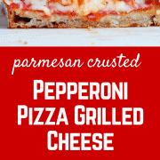 Pepperoni Pizza Grilled Cheese with a crispy parmesan cheese crust - so good you'll never go back to plain grilled cheese! Find the recipe on RachelCooks.com