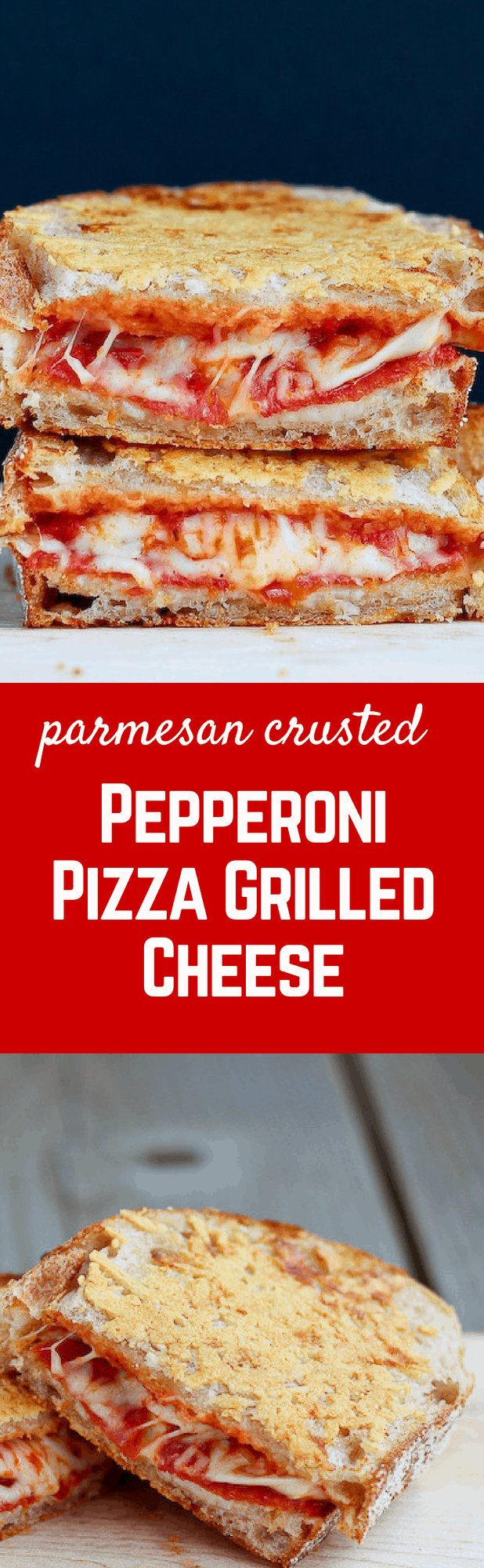 Pepperoni Pizza Grilled Cheese with a crispy parmesan cheese crust - so good you'll never go back to plain grilled cheese! Find the recipe on RachelCooks.com