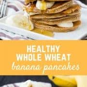 These easy and healthy banana pancakes taste just like banana bread in a whole wheat pancake form! They freeze well and will make mornings delicious! Get the healthy pancake recipe on RachelCooks.com!