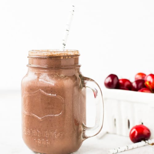Switch up your smoothie game with this chocolate cherry smoothie. You'll love the black forest flavors in this protein shake - it tastes as good as dessert!  Get the recipe on rachelcooks.com!
