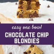 These chocolate chip blondies only take 6 ingredients (plus salt) and come together so easily. They're everything you want in a blondie - rich and moist with the perfect addition of chocolate chips! Get the recipe on RachelCooks.com!