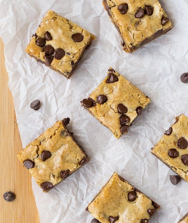 These chocolate chip blondies only take 6 ingredients (plus salt) and come together so easily. They're everything you want in a blondie - rich and moist with the perfect addition of chocolate chips! Get the recipe on RachelCooks.com!