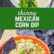 Two photo collage with one plate containing ingredients, and a bowl of prepared mexican corn dip with blue tortilla chips.