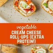 These vegetable cream cheese roll ups are full of crisp vegetables, flavorful herbs, and smooth cream cheese. They make a great lunch or snack thanks to extra protein in the wrap! Get the easy recipe on RachelCooks.com!
