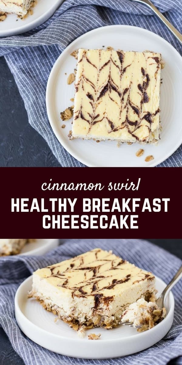Breakfast Cheesecake! That's right, cheesecake for breakfast. Cottage cheese and Greek yogurt in place of cream cheese - but you'll hardly be able to tell the difference! You'll love the swirl of cinnamon. Get the healthy breakfast recipe on RachelCooks.com!