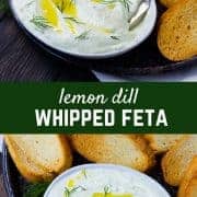 Whipped feta with lemon and dill is the perfect summer spread! Classy and sophisticated with the bright flavors of lemon, it's perfect spread on a crisp slice of French bread! Get the easy recipe on RachelCooks.com!