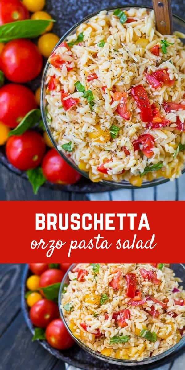 Fresh and flavorful, this bruschetta orzo pasta salad is going to be a summertime favorite! Bonus: No mayo or yogurt so it's great for warm-weather picnics. Get the easy summer pasta salad recipe on RachelCooks.com!