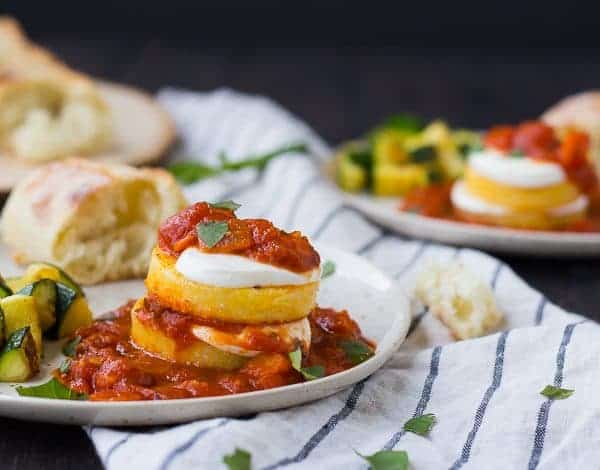 Layers of polenta with mozzarella cheese and tomato sauce.