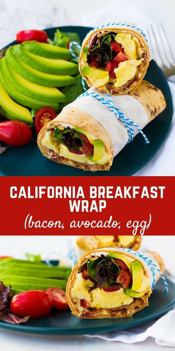 This California Breakfast Wrap is great for breakfast or lunch! The salty bacon, creamy avocado, fresh tomatoes and filling eggs make it a perfect meal! Get the easy recipe on RachelCooks.com!