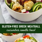 These Greek Cucumber Noodle Bowls with Turkey Meatballs are a fun and filling healthy lunch. Healthy eating doesn't have to be boring! Get the easy recipe on RachelCooks.com!