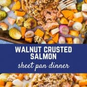 This Walnut Crusted Salmon Sheet Pan Dinner is going to be your next dinner home run. It's full of fall flavors and super easy for a busy weeknight -- it will be your new go-to dinner! Get the easy sheet pan dinner recipe on RachelCooks.com!