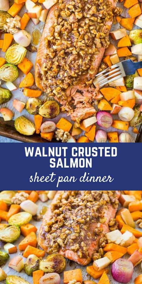 This Walnut Crusted Salmon Sheet Pan Dinner is going to be your next dinner home run. It's full of fall flavors and super easy for a busy weeknight -- it will be your new go-to dinner! Get the easy sheet pan dinner recipe on RachelCooks.com!