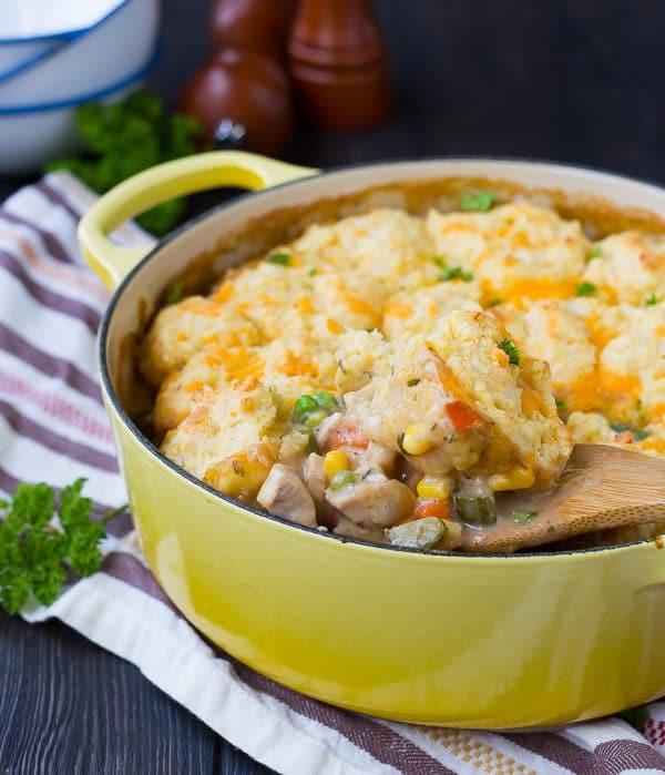 Closeup of pan of chicken stew with wooden spoonful scooping stew out.