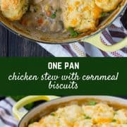 Cozy and comforting, this one pan Chicken Stew with Cornmeal Biscuits is easy to make and even easier to eat! Your whole family will love this new take on a classic. Get the recipe on RachelCooks.com!
