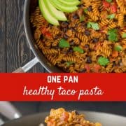 In a rush? This 30 minute One Pot Taco Pasta with Ground Turkey and Black Beans is here to save the day! It's creamy, satisfying, and the pasta cooks in the same pan as everything else! Get the healthy 30 minute recipe on RachelCooks.com!