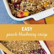 This peach blueberry crisp can be made with fresh or frozen fruit, making it a perfect dessert all year round! It's perfect with a scoop of vanilla ice cream.  Get the easy recipe on RachelCooks.Com!