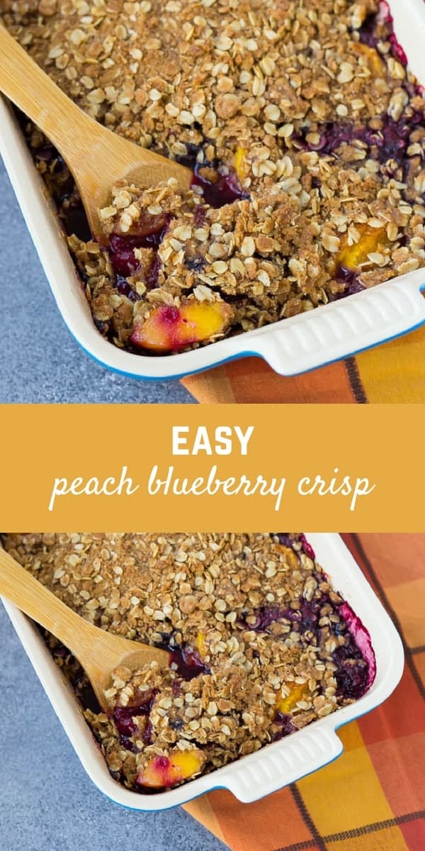This peach blueberry crisp can be made with fresh or frozen fruit, making it a perfect dessert all year round! It's perfect with a scoop of vanilla ice cream.  Get the easy recipe on RachelCooks.Com!