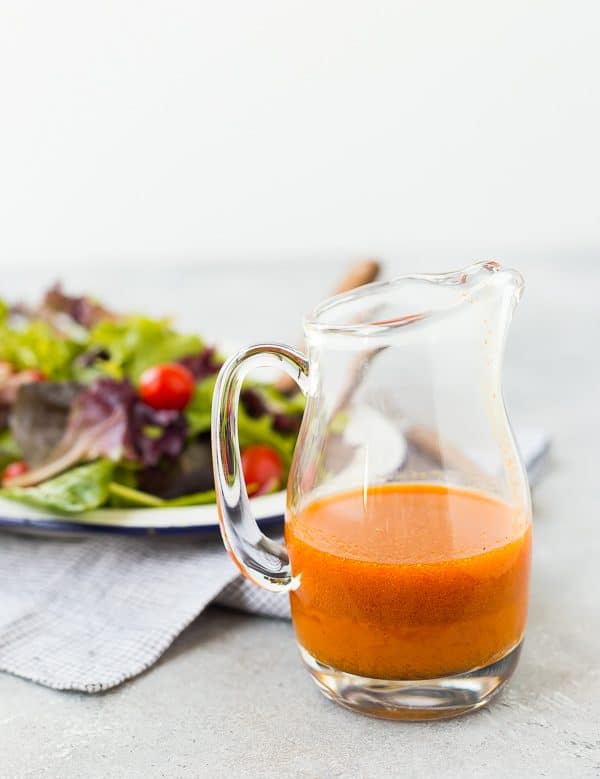 Sweetened and flavored with carrot juice, this vinaigrette salad dressing is free of added sugars but not short on flavor! It's great on salads with southwestern toppings! Get the recipe on RachelCooks.com!