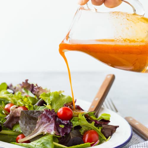 Sweetened and flavored with carrot juice, this vinaigrette salad dressing is free of added sugars but not short on flavor! It's great on salads with southwestern toppings! Get the recipe on RachelCooks.com!