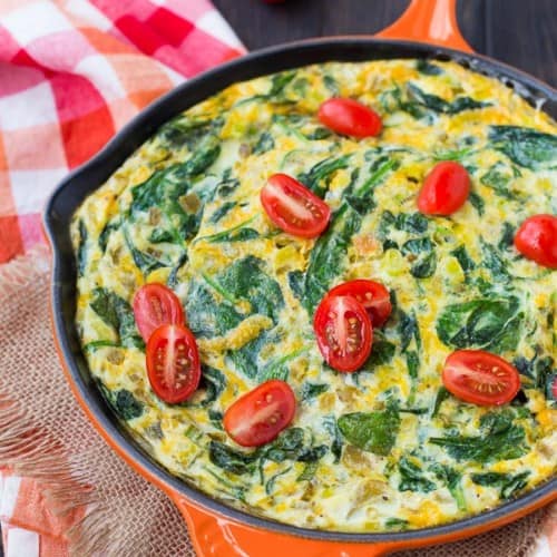 This egg white frittata is loaded with the great flavors of green chiles, scallions, cheese, and spinach. It's a healthy vegetarian start to your day and it's packed with protein! Get the easy recipe on RachelCooks.com!