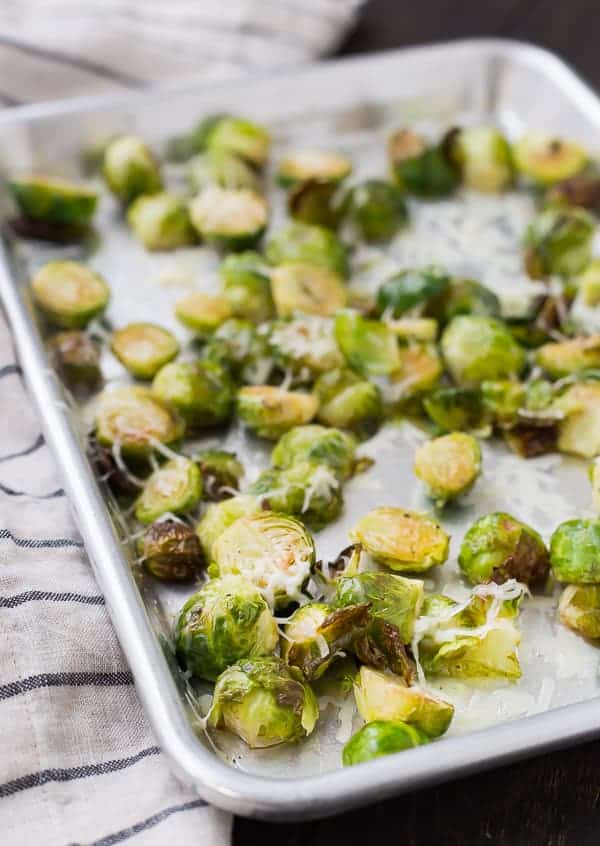 Roasted Brussels sprouts on sheet pan.