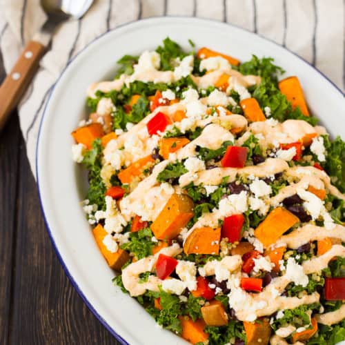 Filling and flavorful, this kale sweet potato salad is filled with southwestern flavors and nutritious ingredients! It's great for meal prepping and healthy eating all week long. Get the recipe on RachelCooks.com!