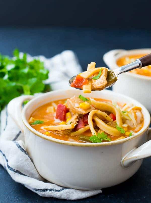 Closeup of soup in bowl with spoonful of soup above it.