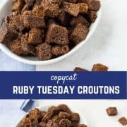 These Ruby Tuesday Croutons are the perfect copycat recipe - they taste just like the restaurant's version and they couldn't be easier to make at home! You'll find these are the perfect topping for any salad! Get the easy recipe on RachelCooks.com!