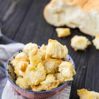 Overhead view of homemade croutons.