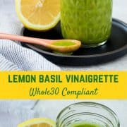 Bright and fragrant, this lemon basil vinaigrette dressing is the perfect healthy salad dressing. It's Whole30 compliant and is a great addition to a green tossed salad or a pasta salad. It's also great drizzled on top of grilled chicken! Get the easy salad dressing recipe on RachelCooks.com!