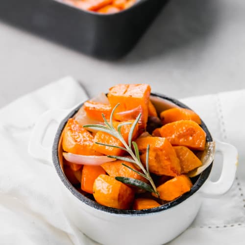 These maple mustard roasted sweet potatoes and shallots are sure to be the star of any dinner and are a cinch to make. You can also use red onions (or really any type of onion!). You'll be eating these like candy!
