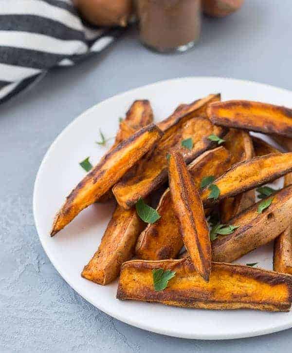 Closeup of sweet potato wedges.