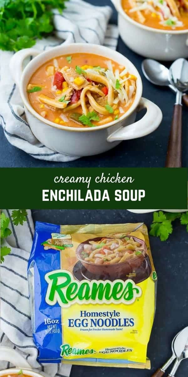 This Creamy Chicken Enchilada Soup with Noodles is cozy, comforting and easy to make. You'll love the twist on classic enchiladas with thick, hearty noodles swimming in a delicious broth. Get the recipe on RachelCooks.com!