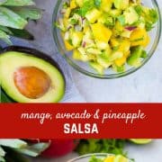 Mango Avocado Salsa is the perfect topping to any taco or salad, and it's irresistible piled up on a chip! You'll love the creamy avocado, sweet mango, and tart pineapple in every bite! Get the fun recipe on RachelCooks.com!