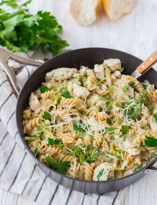 image of one pan easy chicken alfredo recipe with broccoli