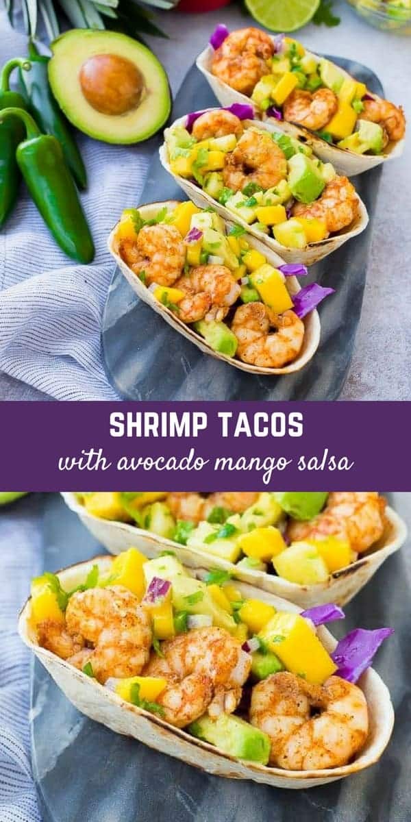 These Shrimp Tacos are a refreshing taste of the tropics thanks the zesty avocado, mango and pineapple salsa. They're easy to make and are a hit for any party or taco night. The extra salsa is amazing on chips or sprinkled on a salad! Get the quick and easy taco recipe on RachelCooks.com!