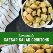 Caesar Croutons are the crowning jewel on a classic Caesar Salad and once you make this homemade version, you'll find yourself wondering why you ever bought croutons from the store. There is no comparison and they'll quickly take your Caesar Salad game to the next level. Find the easy recipe on RachelCooks.com!