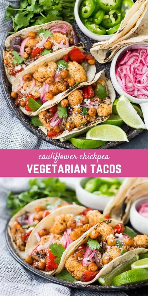 These easy vegetarian cauliflower tacos are full of flavor and protein! Even meat-lovers are going to flip over these fun tacos. Whether it's for Meatless Monday or a full-on vegetarian lifestyle, you're going to love these! They're also easy to make vegan. Make them tonight!